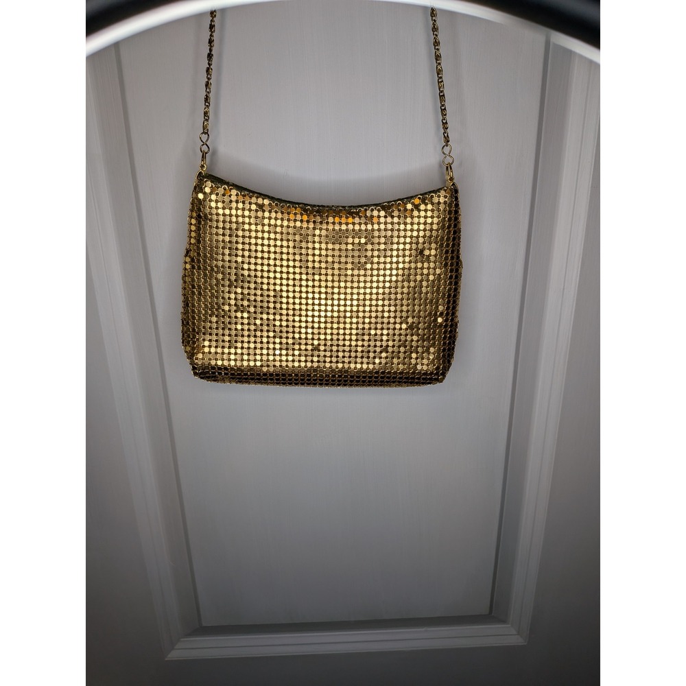 Vintage Gold Metal Mesh Crossbody Evening Bag Chain Strap Disco Glam
